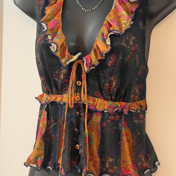 Tops - -Boho Mesh Ruffle Top – Burnt Saffron & Floral Noir | Festival Femme